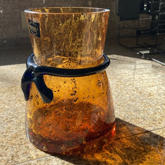 Makora Poland Amber Glass Vase with Black Bow Tie Classy Accent Sommerso Bubbles - Picture 6 of 16